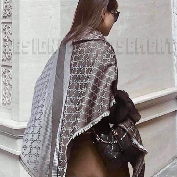 GUCCI brown & taupe GGWEB giant 55"- square wool & silk pashmina shawl scarf NWT - Picture 3 of 10